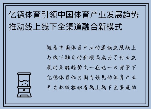 亿德体育引领中国体育产业发展趋势推动线上线下全渠道融合新模式