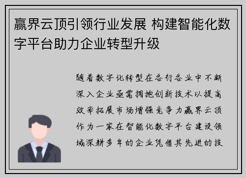 赢界云顶引领行业发展 构建智能化数字平台助力企业转型升级
