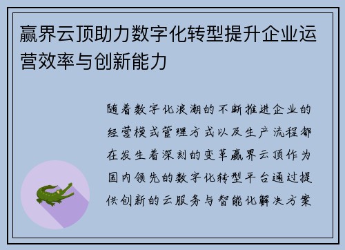 赢界云顶助力数字化转型提升企业运营效率与创新能力